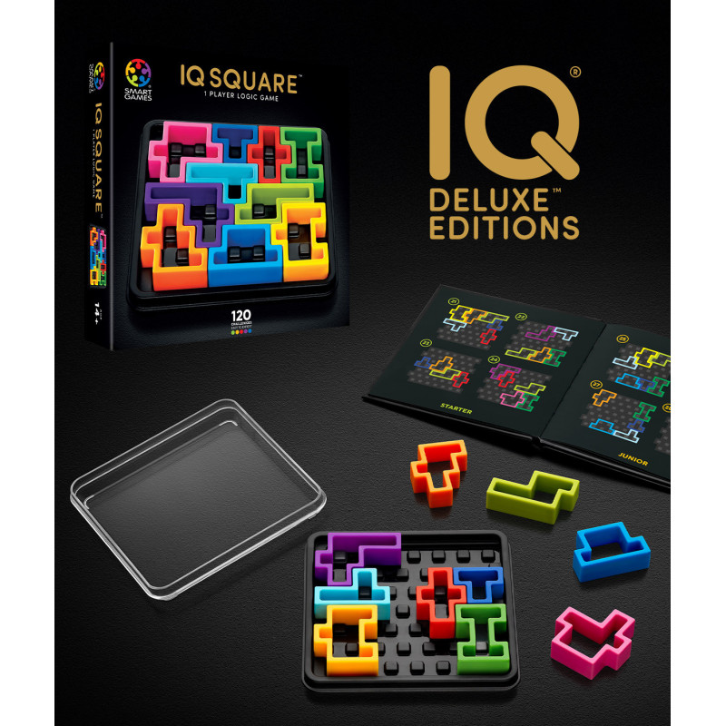 Jogo de lógica IQ Square com peças coloridas e manual sobre fundo preto