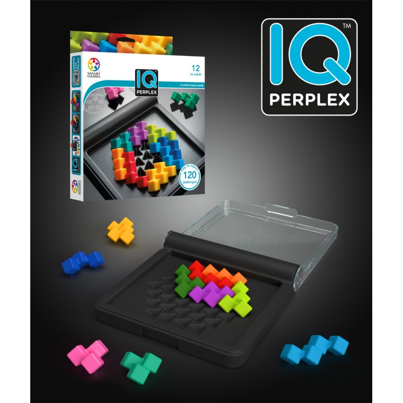 Jogo de puzzle IQ Perplex com peças coloridas e tabuleiro preto