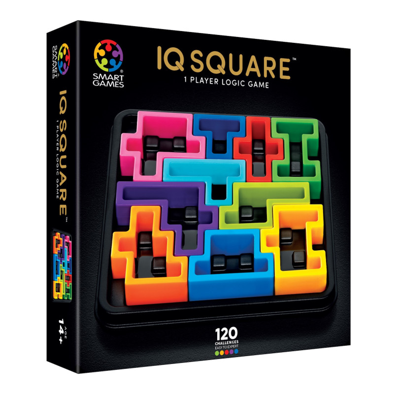 Jogo de lógica IQ Square em caixa preta com peças coloridas