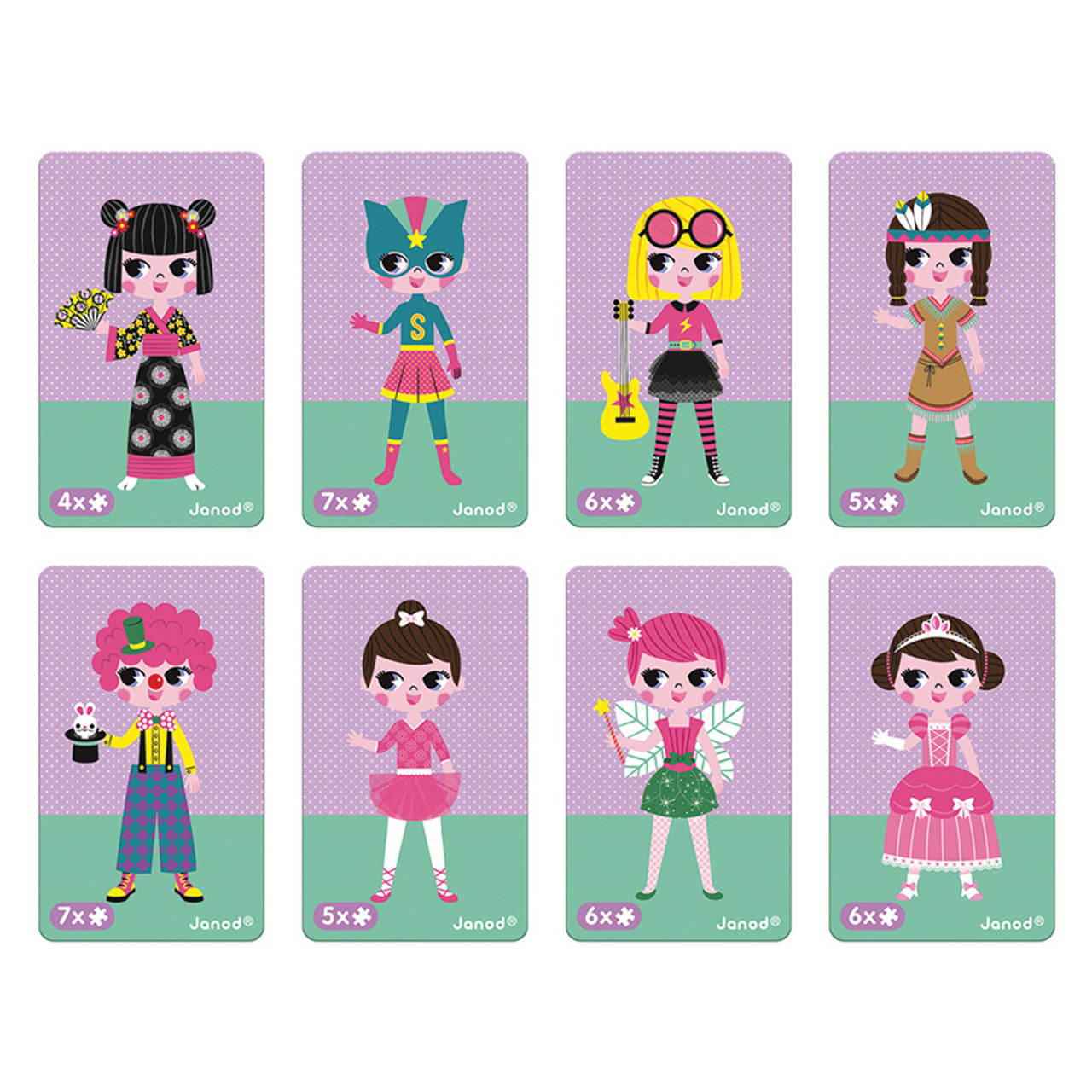 Cartas de personagens ilustradas coloridas com fundo roxo e verde, com números e a marca Janod.