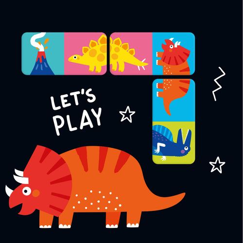 Peças de dominó com dinossauros coloridos e texto 'LET'S PLAY' em fundo preto
