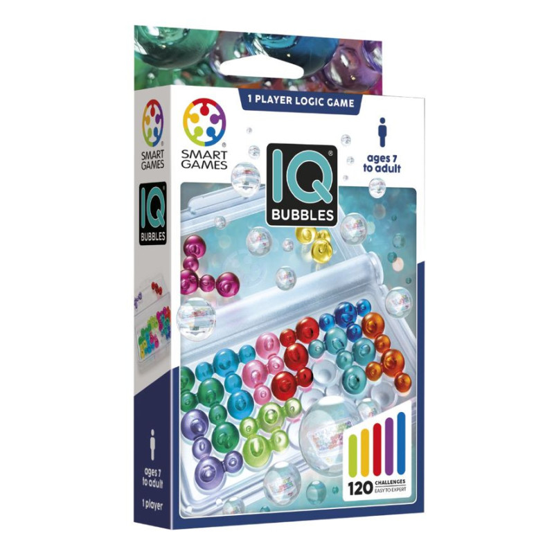 Embalagem do jogo IQ Bubbles da Smart Games com peças coloridas para um jogador