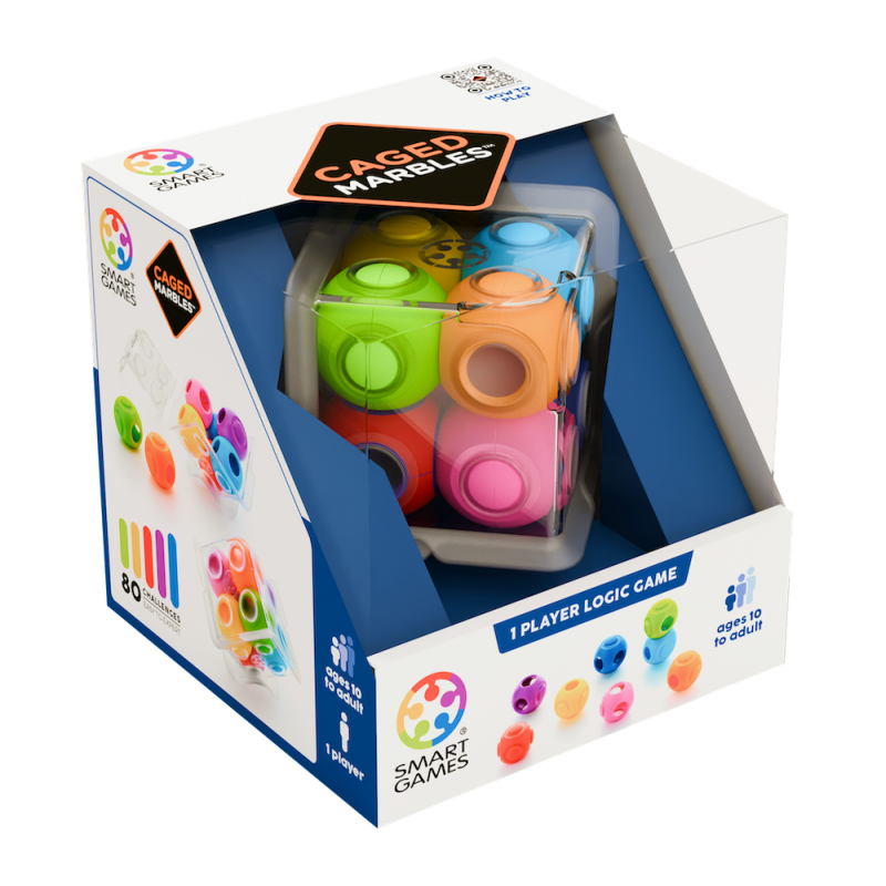 Jogo de lógica Caged Marbles com bolas coloridas em embalagem