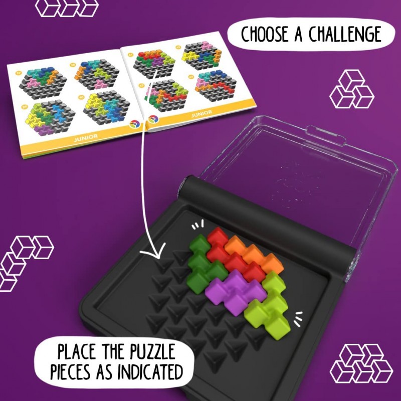 Jogo de puzzle de encaixe com peças coloridas numa base preta e tampo transparente