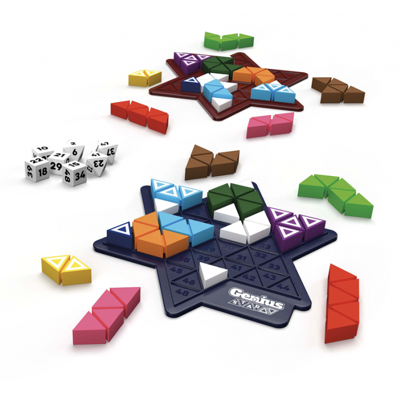 Jogo de tabuleiro Genius Star com peças triangulares coloridas e dados brancos