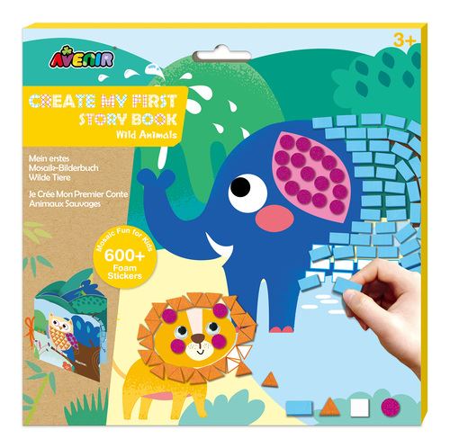 Livro infantil 'CREATE MY FIRST STORY BOOK Wild Animals' com autocolantes de espuma e ilustrações de elefante e leão coloridos
