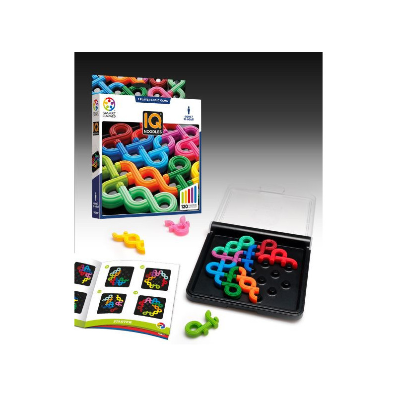 Jogo IQ Noodles com peças coloridas e tabuleiro preto aberto, manual e caixa com texto