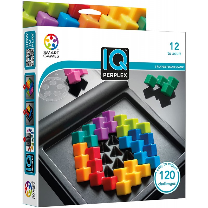 Embalagem do jogo de puzzle IQ PERPLEX com peças coloridas e base preta