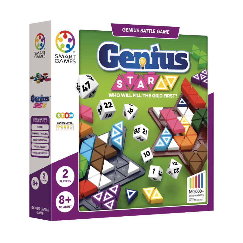 Jogo de tabuleiro Genius Star da Smart Games com peças triangulares coloridas e dados numerados.