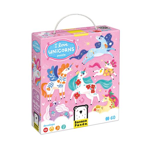 Embalagem de puzzle rosa com ilustrações de unicórnios e texto I Love UNICORNS puzzle