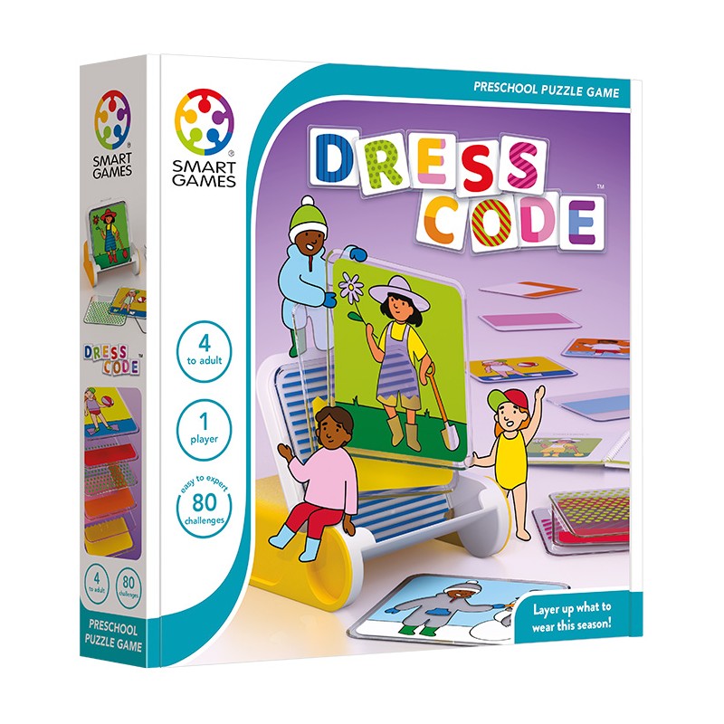 Caixa do jogo de puzzle Dress Code da Smart Games com ilustrações coloridas de crianças e informações do jogo