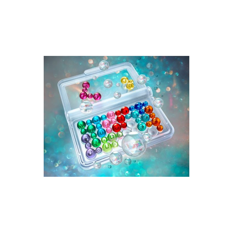 Caixa transparente com bolas metálicas coloridas e bolhas ao redor