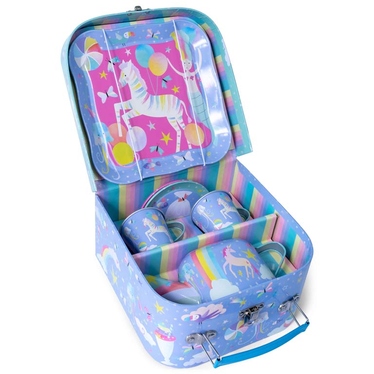 Conjunto de chá infantil com padrão de unicórnio e arco-íris em mala