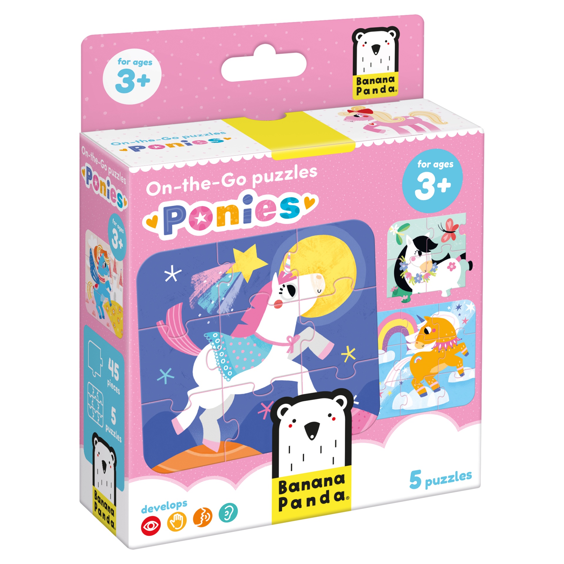 Embalagem rosa de puzzle infantil 'Ponies' com imagens de pónis coloridos