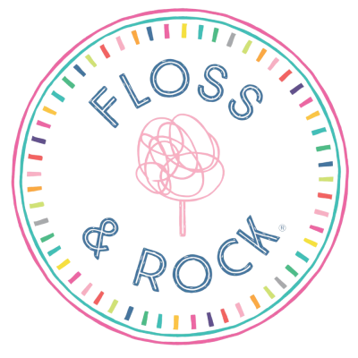 Logótipo colorido com texto FLOSS & ROCK e desenho de algodão doce cor-de-rosa