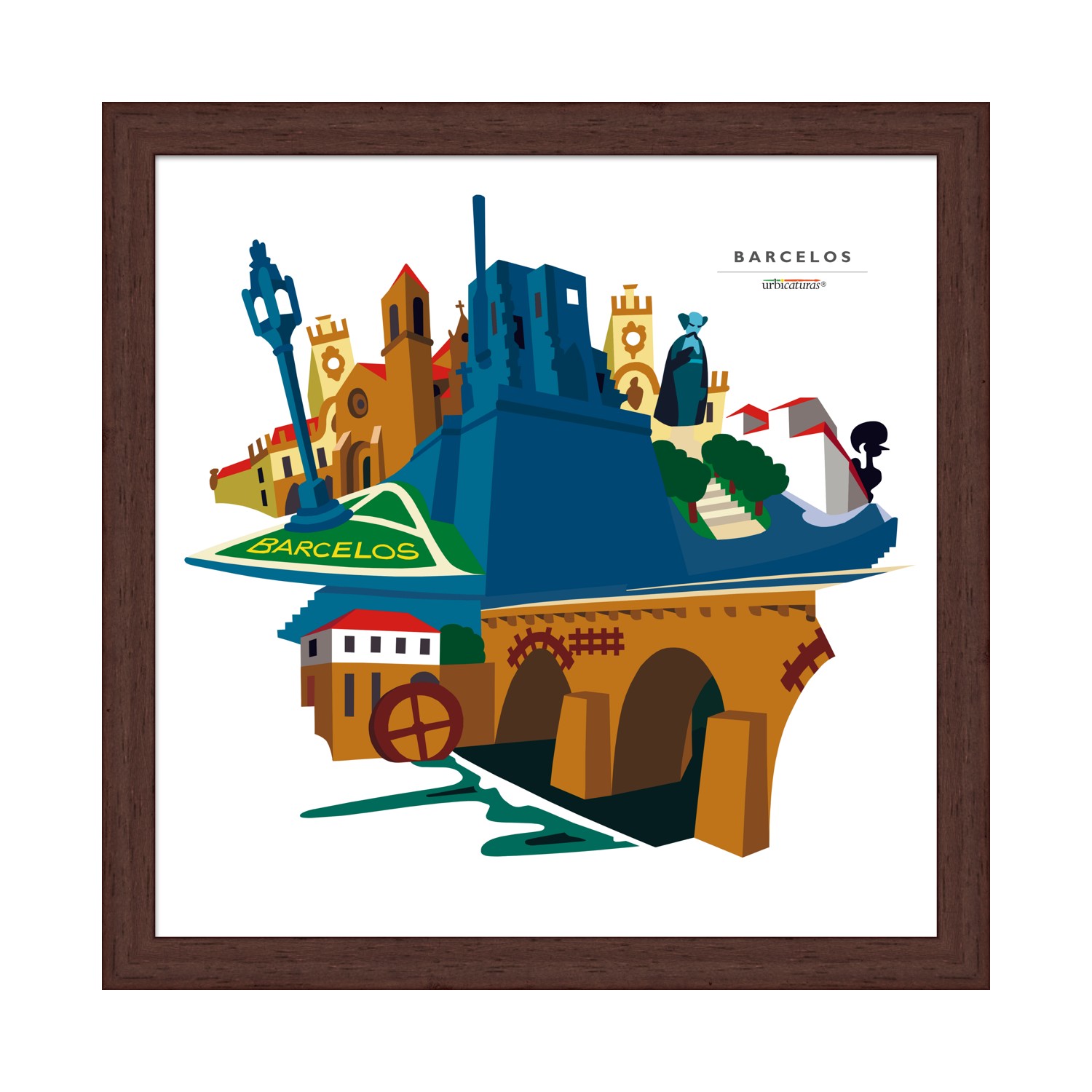 BARCELOS Recortes – Geral Ilustração colorida de monumentos e edifícios de Barcelos numa moldura castanha