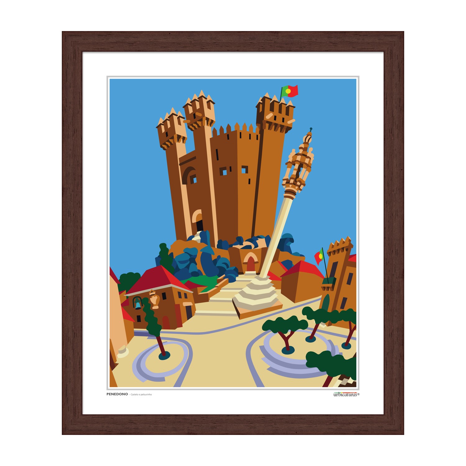 PENEDONO – Castelo e pelourinho Ilustração colorida de castelo português em quadro com moldura castanha