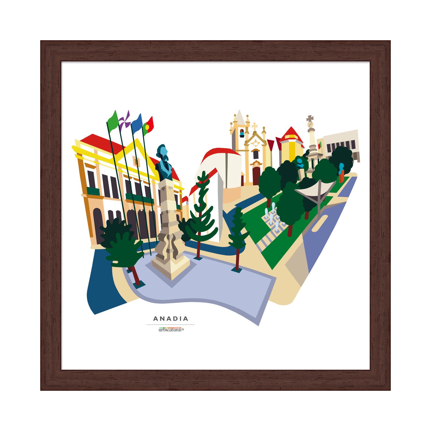 ANADIA Recortes – Câmara Ilustração colorida de Anadia com edifícios, bandeiras e árvores numa moldura de madeira