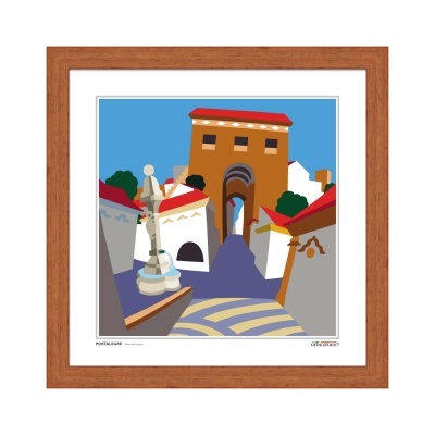 Quadro com ilustração de rua e casas emoldurada por moldura de madeira