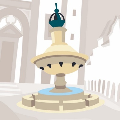 Fonte decorativa de pedra em pátio com arcadas e edifício clássico