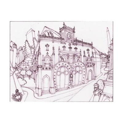 Desenho a linha de um edifício gótico com torre e janelas arredondadas numa rua urbana