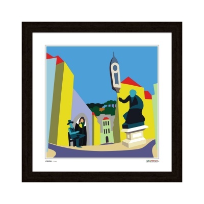 Impressão artística colorida de cidade com estátua em moldura preta