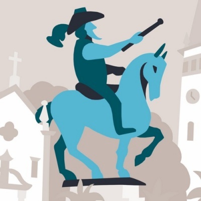 Ilustração de cavaleiro a cavalo em tons de azul e verde com fundo cinza e edifícios