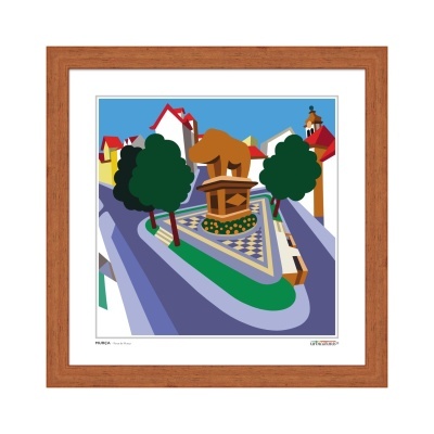 Ilustração colorida de rotunda triangular com estátua castanha e árvores, em quadro com moldura de madeira.