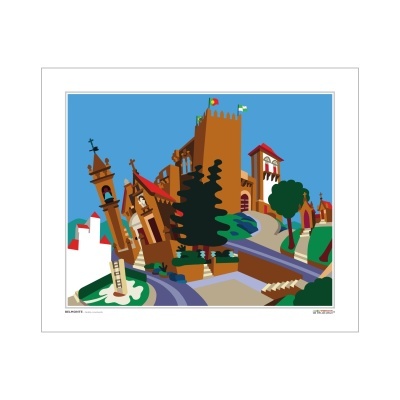 Ilustração colorida de edifícios históricos com bandeiras de Portugal e árvores