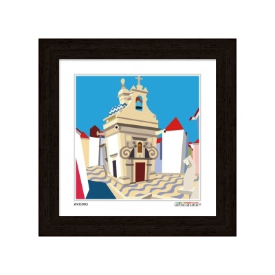 Ilustração estilizada de edifício em Aveiro em quadro com moldura preta