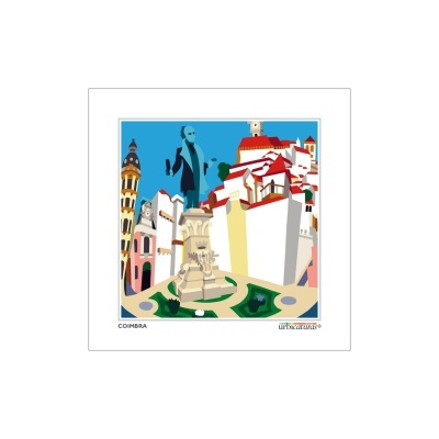 Ilustração colorida de monumento em cidade histórica com estátua central e edifícios