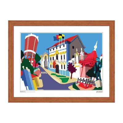 Quadro decorativo com imagem estilizada colorida e moldura de madeira.