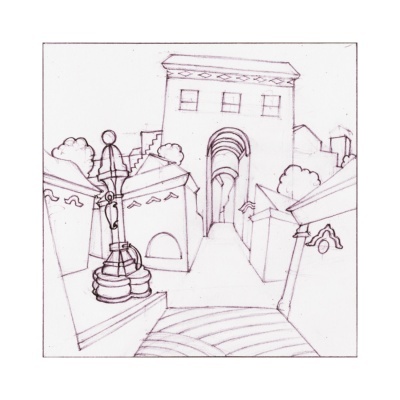 Desenho a lápis de rua com edifícios e poste de luz.