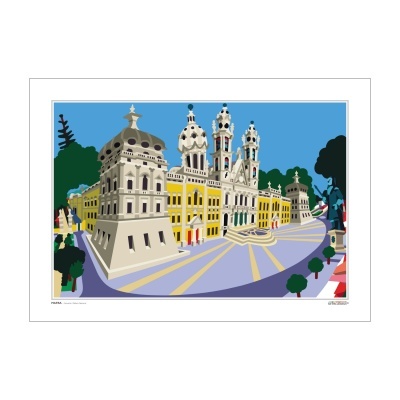 Poster colorido de ilustração digital de edifício histórico grande com torres e cúpulas