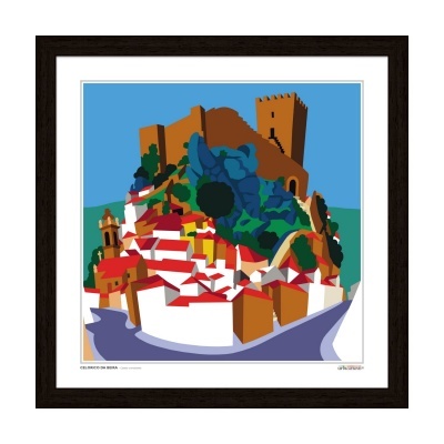 Quadro com imagem artística estilizada de vila com castelo e casas brancas e vermelhas