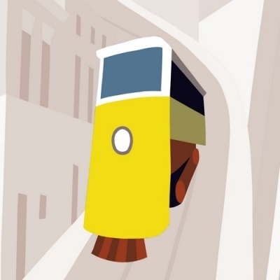 Ilustração de tuk-tuk amarelo numa rua com arcos