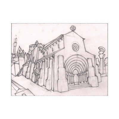 Desenho a lápis de um edifício com colunas e arcos