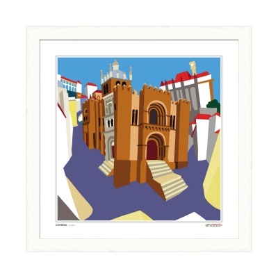 Impressão artística de edifício castanho com torres rodeado por construções brancas e vermelhas