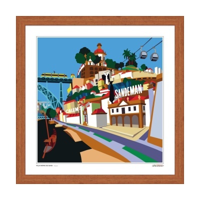 Ilustração gráfica de paisagem urbana com sinais CÁLEM e SANDEMAN e teleférico