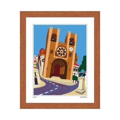 Ilustração de igreja com duas torres emoldurada em madeira