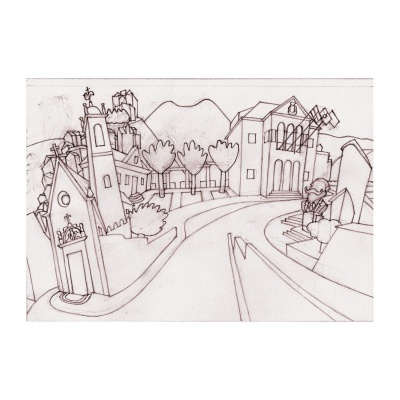 Desenho a lápis de uma rua com edifícios e árvores