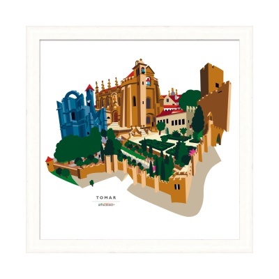 Ilustração colorida de monumentos históricos de Tomar em moldura branca