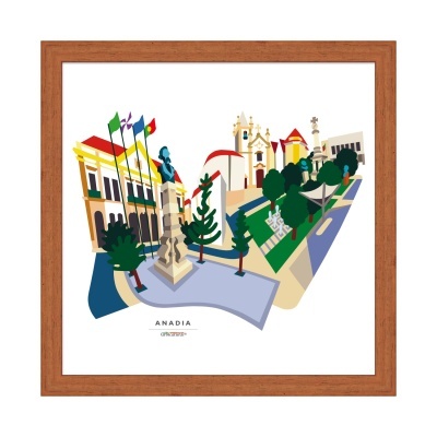 Ilustração digital colorida da cidade de Anadia com edifícios e estátuas em moldura de madeira