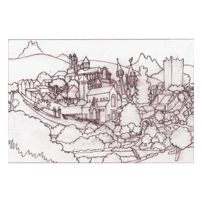 Desenho a lápis de uma paisagem com edifícios históricos e natureza