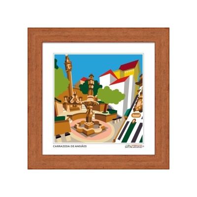 Moldura de madeira com ilustração digital colorida de praça e monumentos com texto