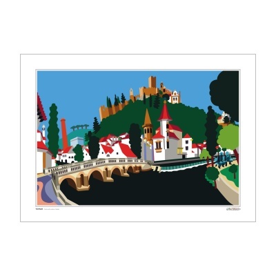 Ilustração colorida de vila com ponte, castelo e céu azul