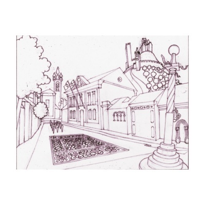 Desenho a preto e branco de uma rua com edifícios e postes de luz detalhados