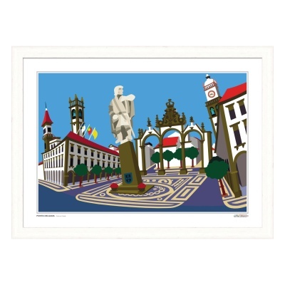 Ilustração colorida de praça com estátua e edifícios históricos em Ponta Delgada