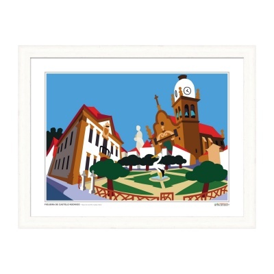 Ilustração colorida de praça com torre de relógio e edifícios em moldura branca