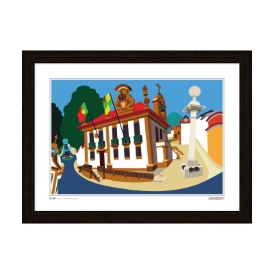 Ilustração de rua em Alijó com edifício branco, varandas verdes e coluna branca